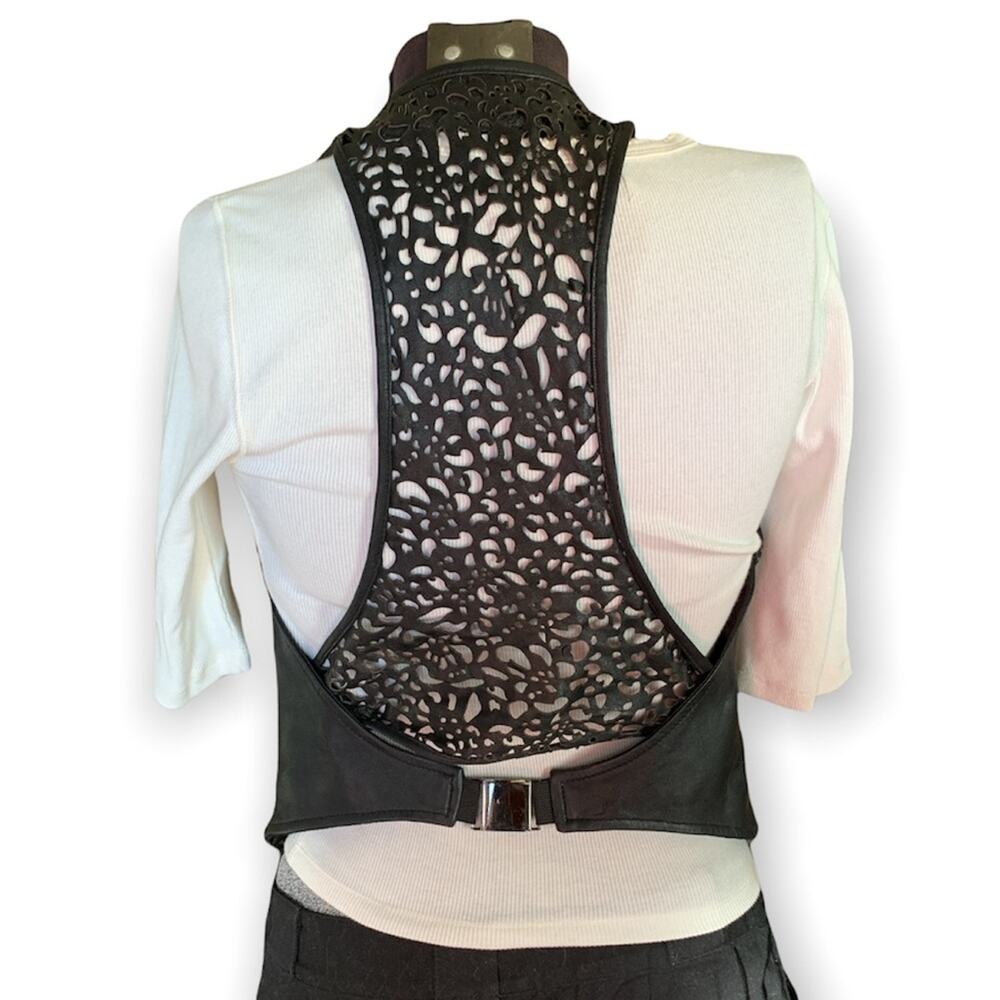 Black Leather Racerback Vest with Button Front - Picture 4 of 10
